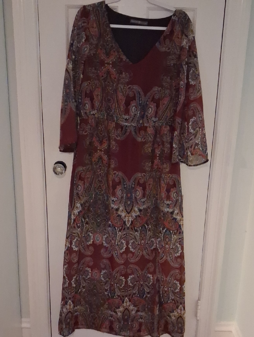 Paisley V-Neck Long Sleeve Maxi Dress - Burgundy